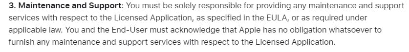 Apple Instructions for Minimum Terms of Developer's End-User License Agreement: Maintenance and Support section