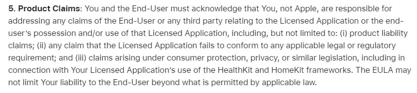 Apple Instructions for Minimum Terms of Developer's End-User License Agreement: Product Claims section