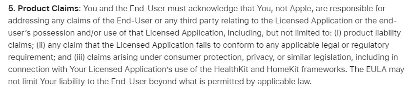 Apple Instructions for Minimum Terms of Developer's End-User License Agreement: Product Claims section