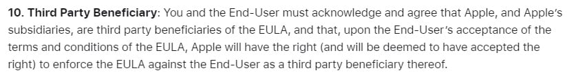 Apple Instructions for Minimum Terms of Developer's End-User License Agreement: Third Party Beneficiary section