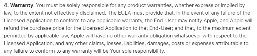 Apple Instructions for Minimum Terms of Developer's End-User License Agreement: Warranty section
