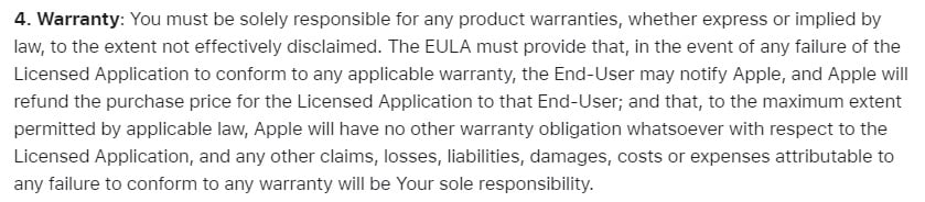 Apple Instructions for Minimum Terms of Developer's End-User License Agreement: Warranty section