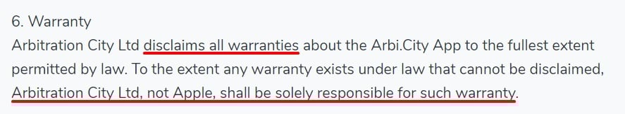 Arbitration City EULA: Warranty section