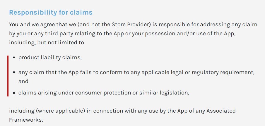 Bluechain EULA: Responsibility for claims clause