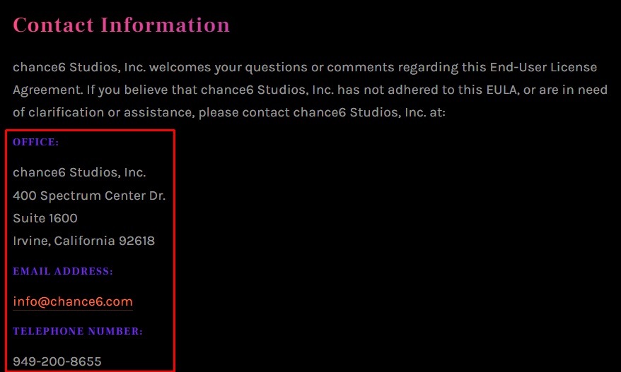 Chance6 Studios EULA: Contact information clause
