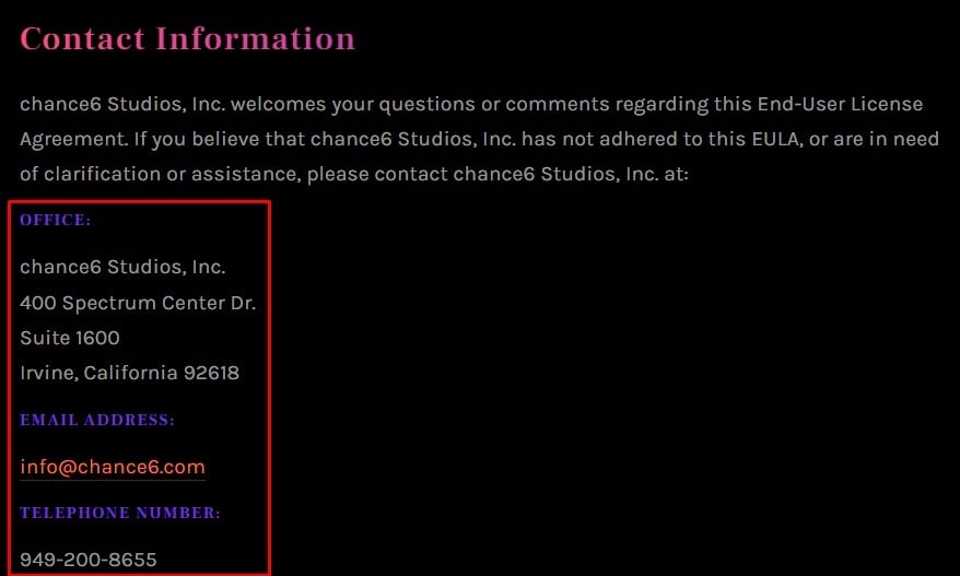 Chance6 Studios EULA: Contact information clause