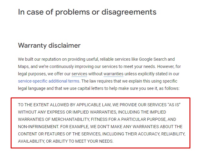 Google Terms of Service: Warranty Disclaimer