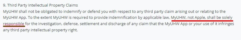 MyUHW EULA: Third party intellectual property claims clause