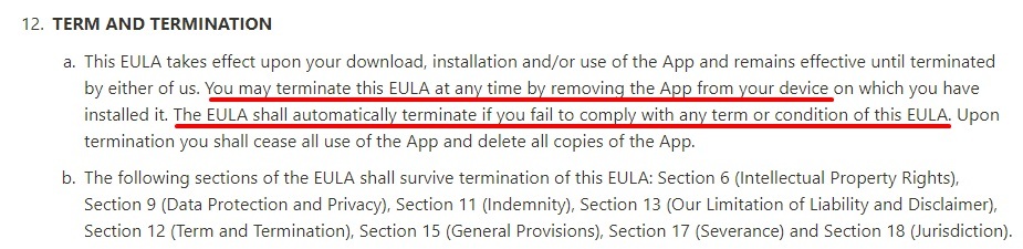 Six to Start EULA: Term and Termination clause