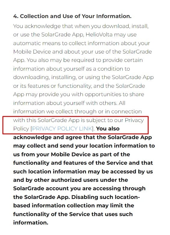 SolarGrade EULA: Collection and use of information clause