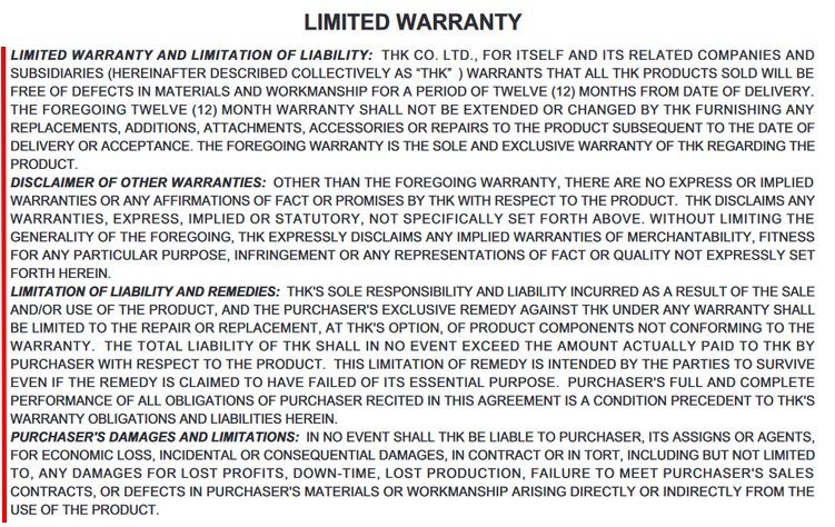 THK Limited Warranty Disclaimer
