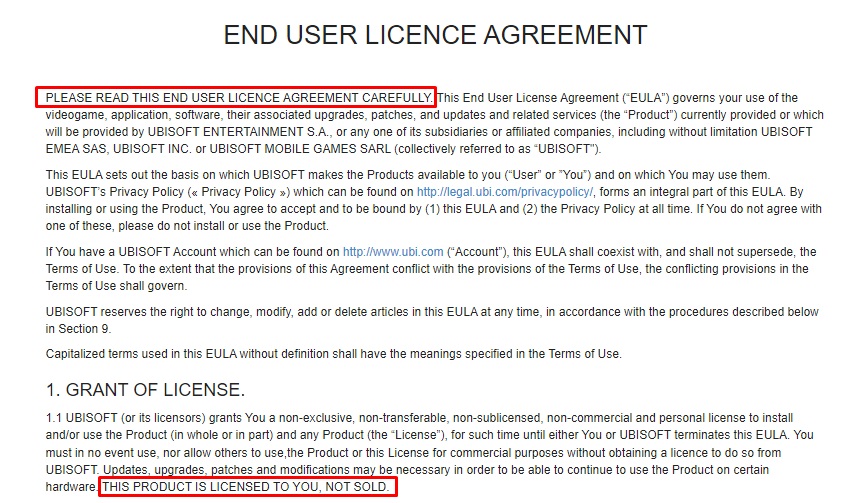 UBISOFT EULA intro and grant of license clause with all caps highlighted