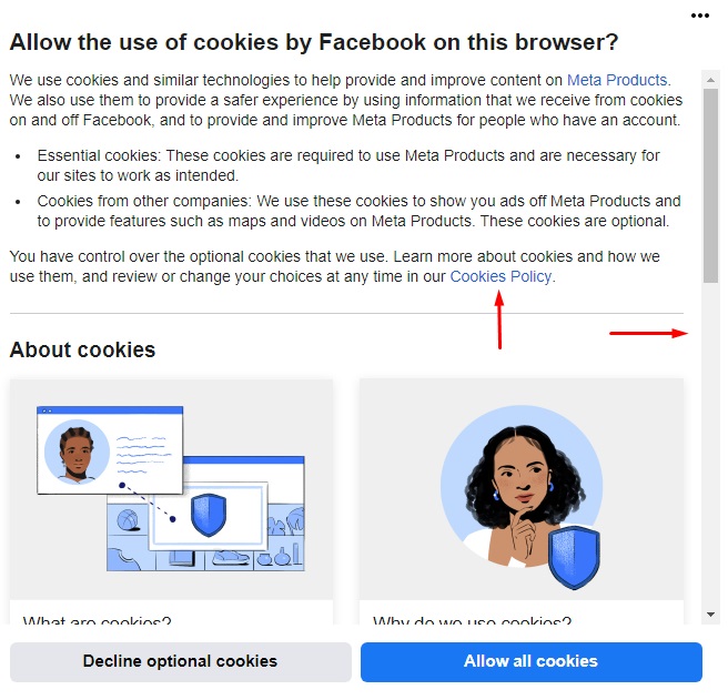 Facebook cookie consent message