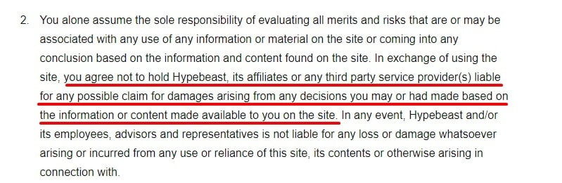 Hypebeast Investment Disclaimer: Liability section