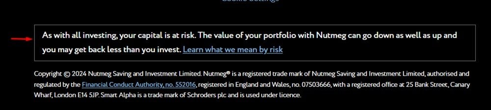 Nutmeg Financial Advice disclaimer in website footer