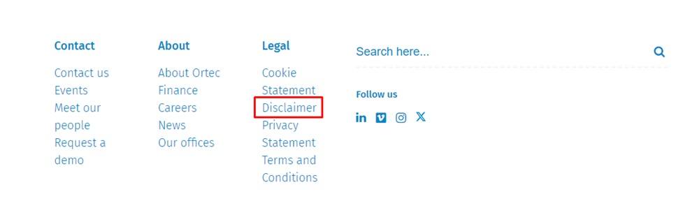 Ortec Finance website footer with Disclaimer link highlighted