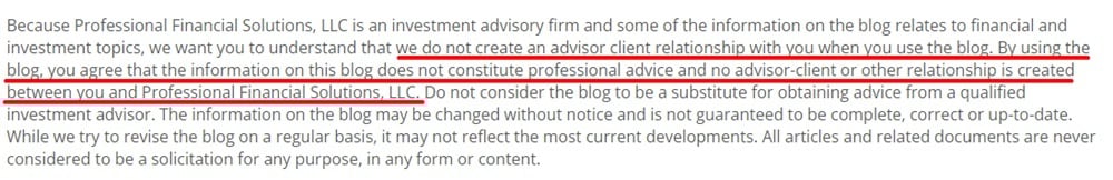 Professional Financial Solutions disclaimer