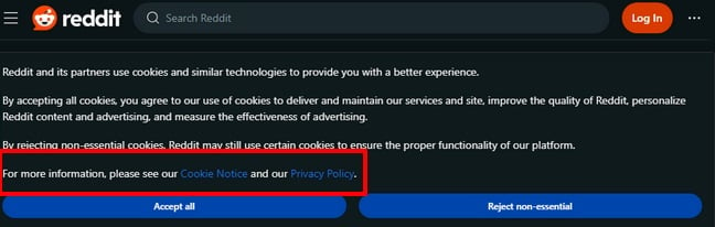 reddit cookie consent message with links highlighted