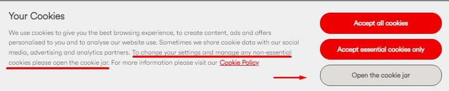 Virgin Media cookie consent message