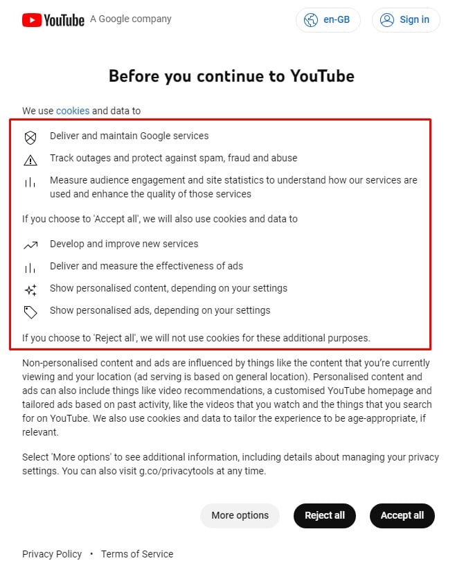 YouTube cookie consent message
