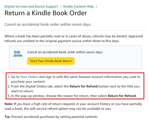 Amazon Return Kindle Book page