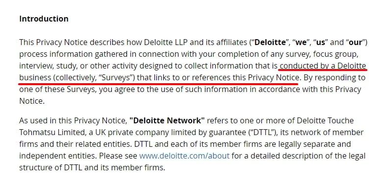 Deloitte Survey Privacy Notice: Intro clause