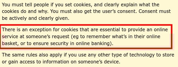 ICO Cookies and Similar Technologies page: Essential cookies exception section