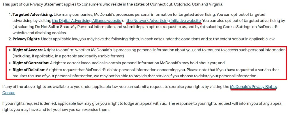 McDonalds Privacy Policy Opt out rights clause