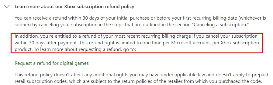 Microsoft Xbox subscription refund policy