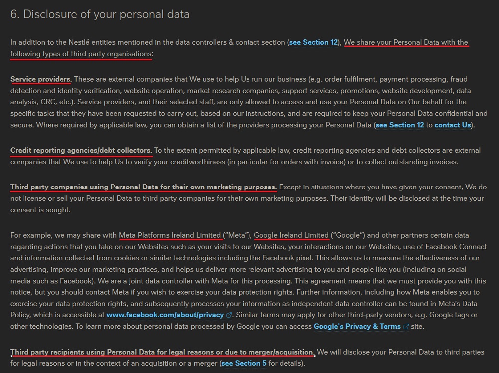 Nestle Privacy Policy Disclosure of personal data clause