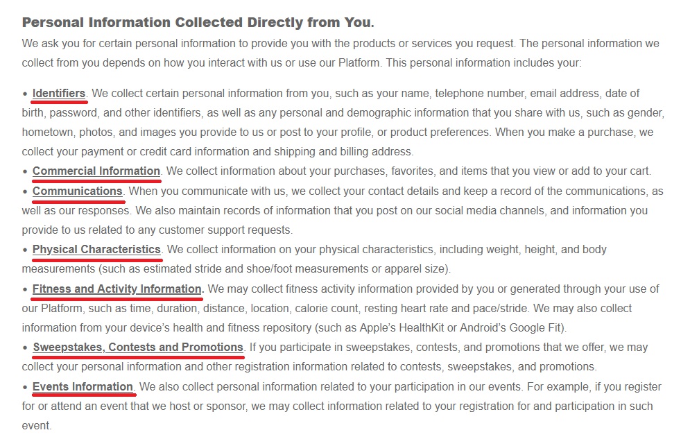 Nike Privacy Policy: Personal information collected directly clause