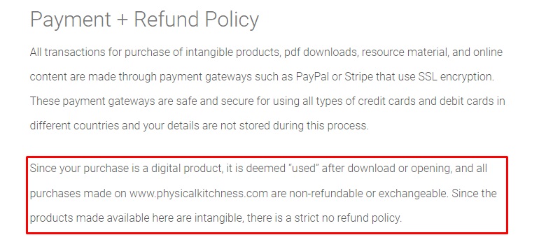 Physical Kitchness Digital Products Refund Policy excerpt