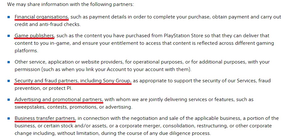 PlayStation Privacy Policy: Share information clause