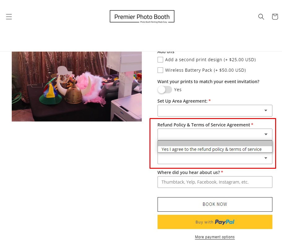 Premier Photo Booth Book Now page with Agree to Refund Policy and Terms highlighted
