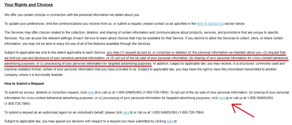 Samsung Privacy Policy: Your Rights and Choices clause