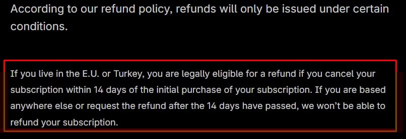 Framer Refund Policy: EU and Turkey excerpt