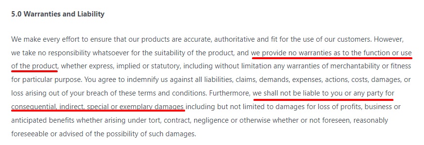 Generic warranties and liability clause