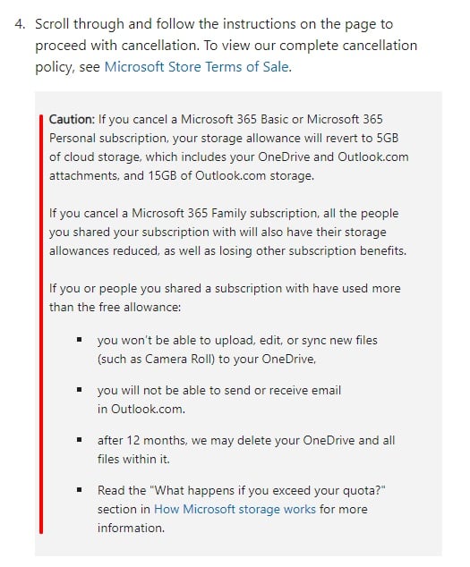 Microsoft Results of cancellation info