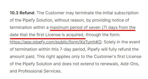 Pipefy Terms and Conditions Refund clause