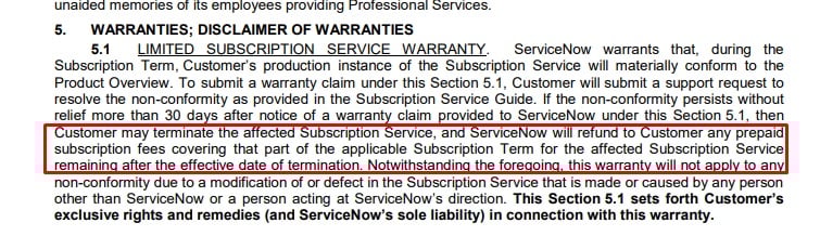 ServiceNow Terms and Conditions: Warranties clause