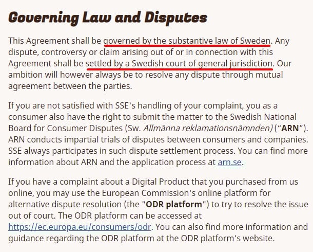 Star Stable Terms and Conditions: Governing law and disputes clause