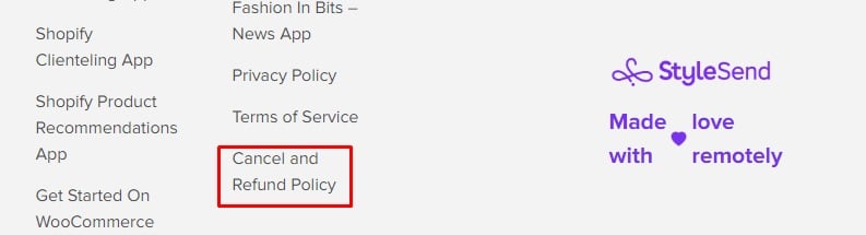 StyleSend website footer with Cancel and Refund Policy highlighted