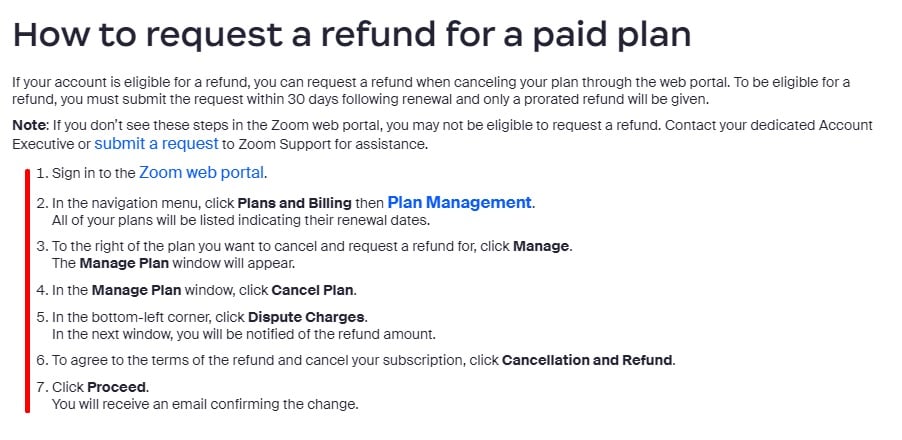 Zoom How to Request a Refund info