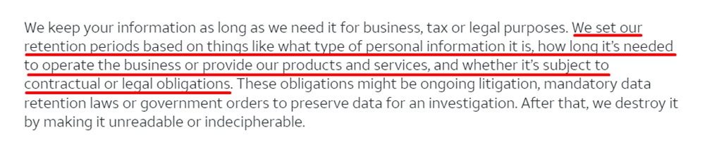 ATT Privacy Notice: Data retention clause