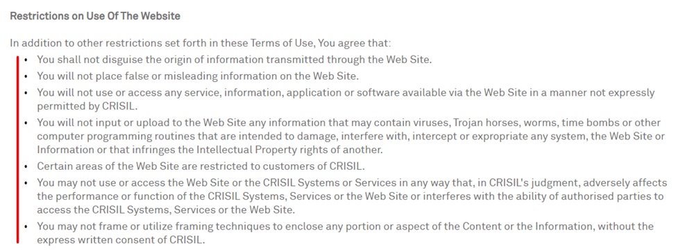 CRISIL Terms of Use: Restrictions clause