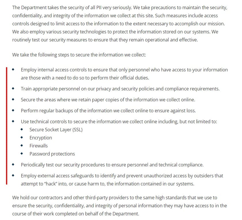 Dept of State Privacy Policy: Security clause
