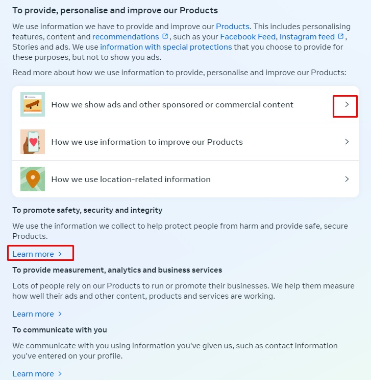 Facebook Privacy Policy: How we use information excerpt