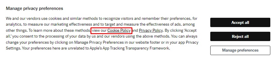 Generic cookie banner with cookie policy link highlighted