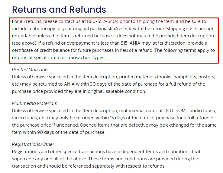 Screenshot of generic return and refund clause