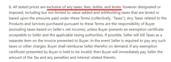 Generic Terms and Conditions agreement Pricing clause
